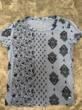American Eagle Outfitters Light Blue Short-Sleeve Patterned Tee